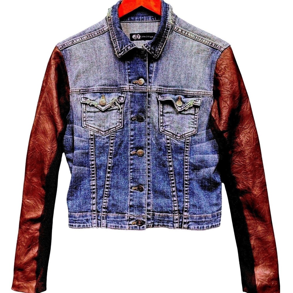JET John Eshaya Mixed Media Brown Leather Sleeve Denim Jacket Women's Size P/S